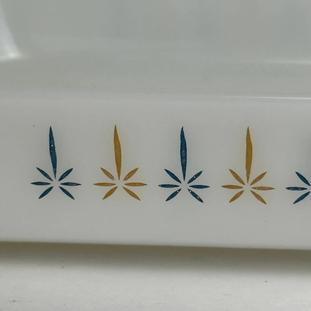 Vintage Fire-King Atomic Star Milk Glass Baking Dish Rectangular 1.5 Qt MCM